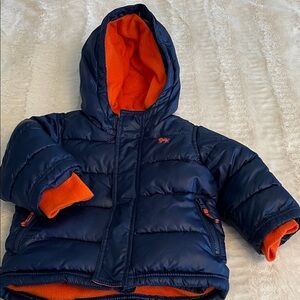 Toddler Puffer Coat Old Navy 12-18 M Blue Orange Fleece Lined Hi-Lo Sweater Cuff